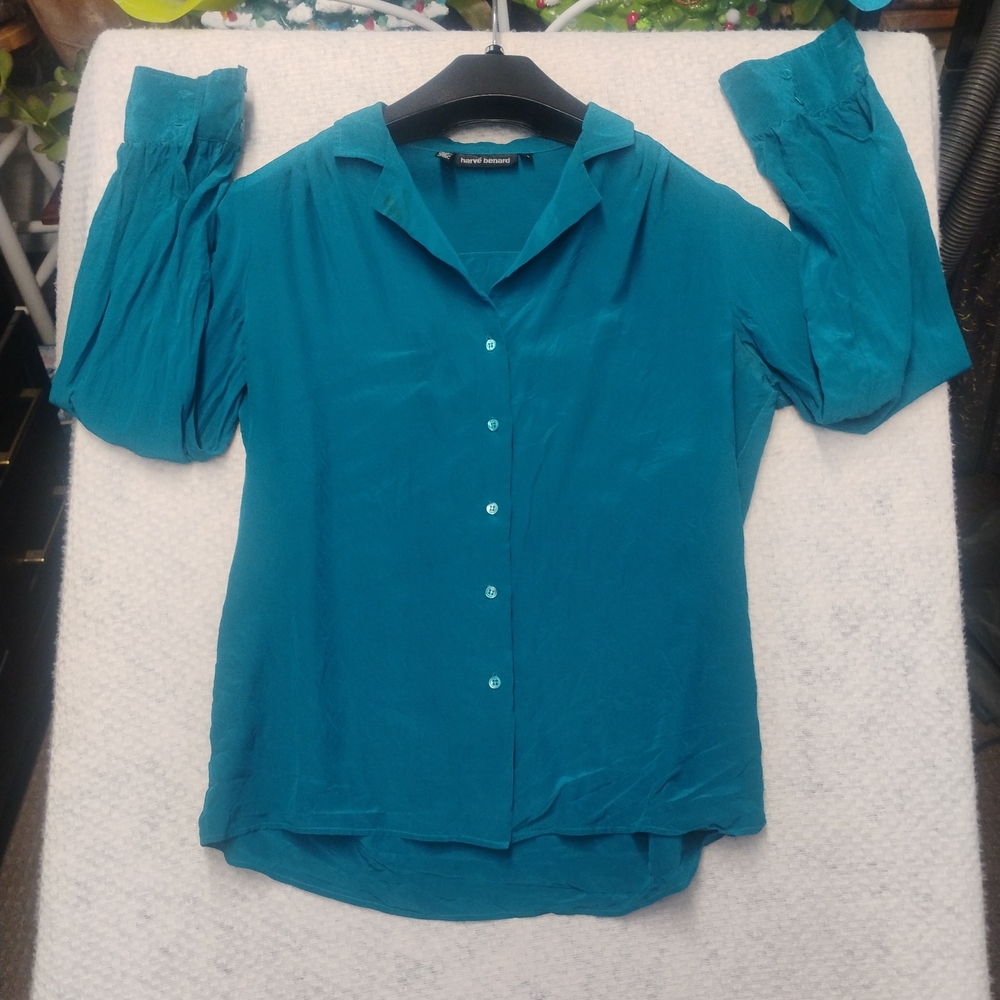 Vintage 90s Harve Benard Silk Blouse 12 Teal Blue Green Button Down Career Top